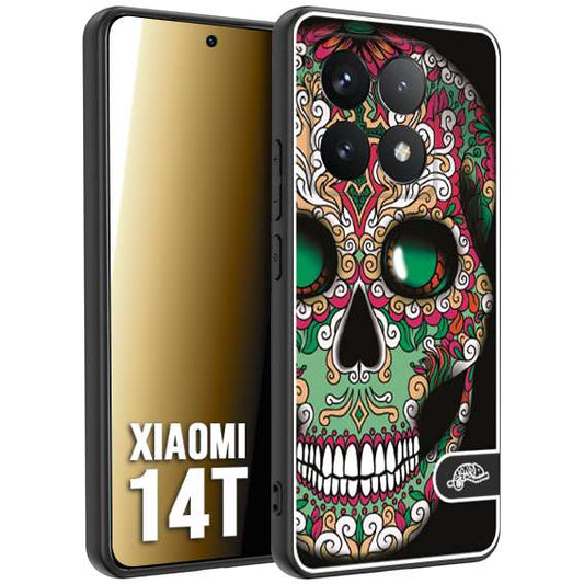 CUSTOMIZZA - Custodia cover nera morbida in tpu compatibile per Xiaomi 14T teschio messicano Mexican skull verde fucsia