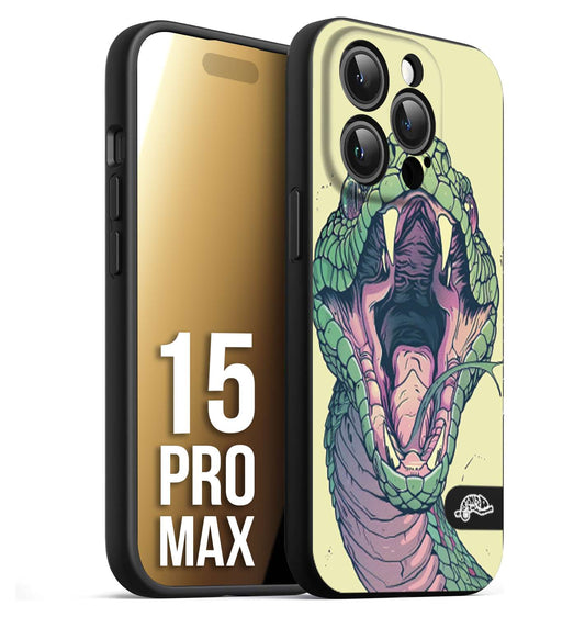 CUSTOMIZZA - Custodia cover nera morbida in tpu compatibile per iPhone 15 PRO MAX snake yellow green serpente tatuaggio tattoo disegnato a mano