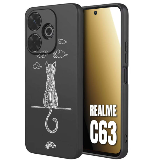 CUSTOMIZZA - Custodia cover nera morbida in tpu compatibile per Realme C63 gatto mandala stilizzato gattino a rilievo soft touch donna bianca
