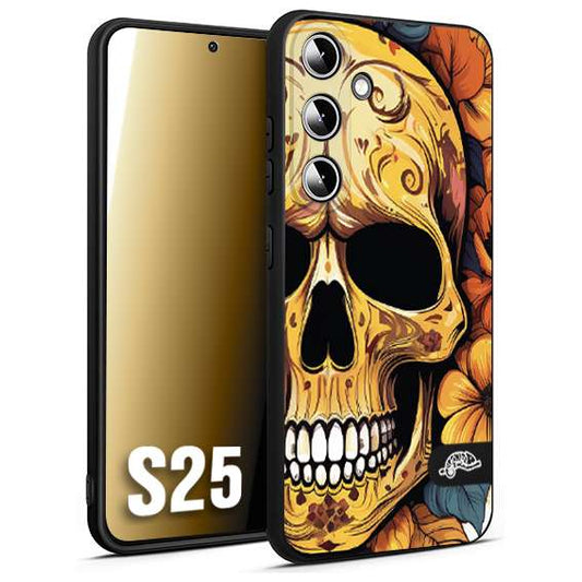 CUSTOMIZZA - Custodia cover nera morbida in tpu compatibile per Samsung S25 teschio messicano colorato dorato fiori autunnali disegnato