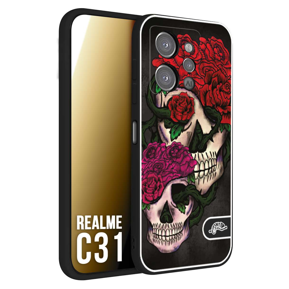 CUSTOMIZZA - Custodia cover nera morbida in tpu compatibile per Oppo Realme C31 teschi e rose rosse fucsia skull and roses