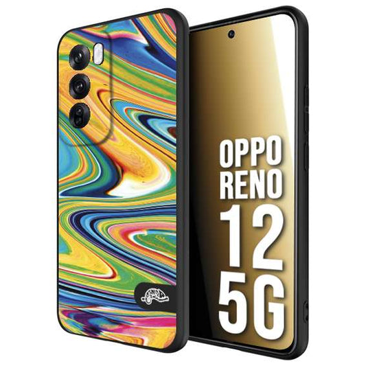 CUSTOMIZZA - Custodia cover nera morbida in tpu compatibile per Oppo Reno 12 5G colorata fantasia vortice marmo arcobaleno gialla verde blu