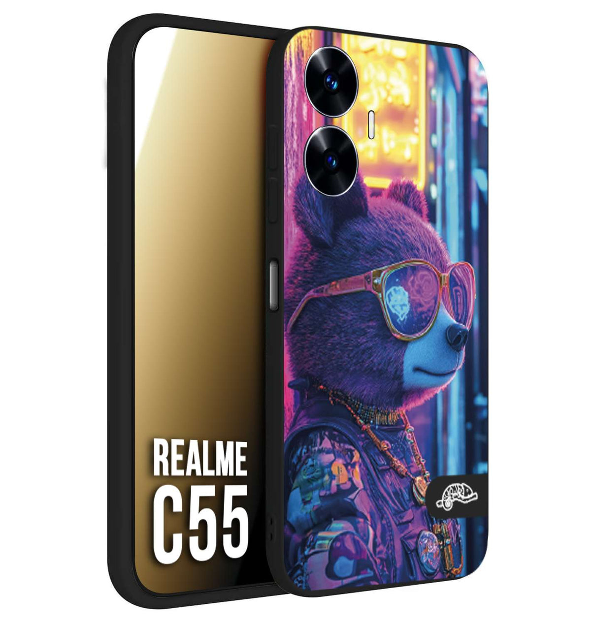 CUSTOMIZZA - Custodia cover nera morbida in tpu compatibile per Realme C55 animali cyberpunk orsetto orso street bear fucsia blu night