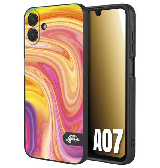 CUSTOMIZZA - Custodia cover nera morbida in tpu compatibile per Samsung A07 colorata fantasia vortice marmo onde rosa fucsia gialla