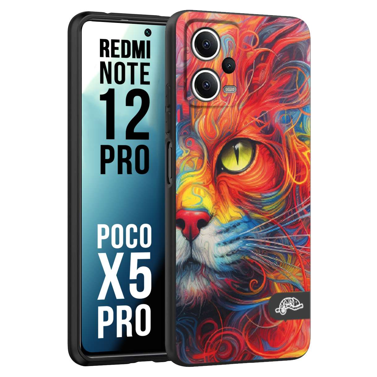 CUSTOMIZZA - Custodia cover nera morbida in tpu compatibile per Xiaomi Redmi Note 12 PRO - POCO X5 PRO animali color cat gatto viso colori vibranti disegnato schizzo