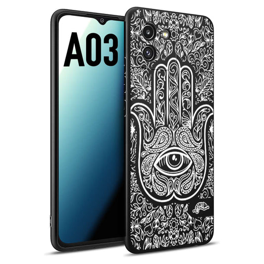 CUSTOMIZZA - Custodia cover nera morbida in tpu compatibile per Samsung A03 mano di fatima effetto rilievo mandala donna