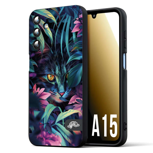 CUSTOMIZZA - Custodia cover nera morbida in tpu compatibile per Samsung A15 5G animali color giungla tropicale occhio di gatto colori vibranti disegnato