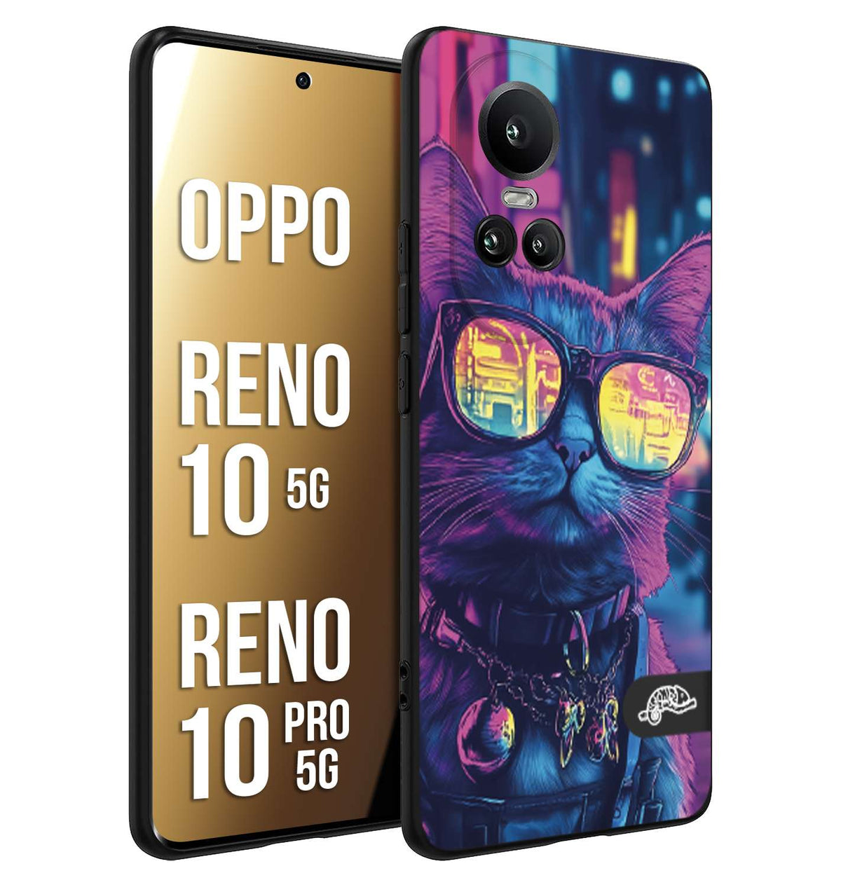 CUSTOMIZZA - Custodia cover nera morbida in tpu compatibile per Oppo Reno 10 5G - 10 PRO 5G animali cyberpunk gatto street cat fucsia blu giallo