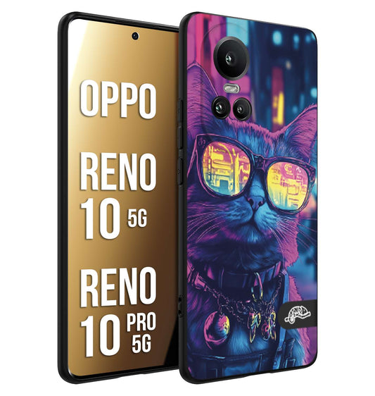 CUSTOMIZZA - Custodia cover nera morbida in tpu compatibile per Oppo Reno 10 5G - 10 PRO 5G animali cyberpunk gatto street cat fucsia blu giallo