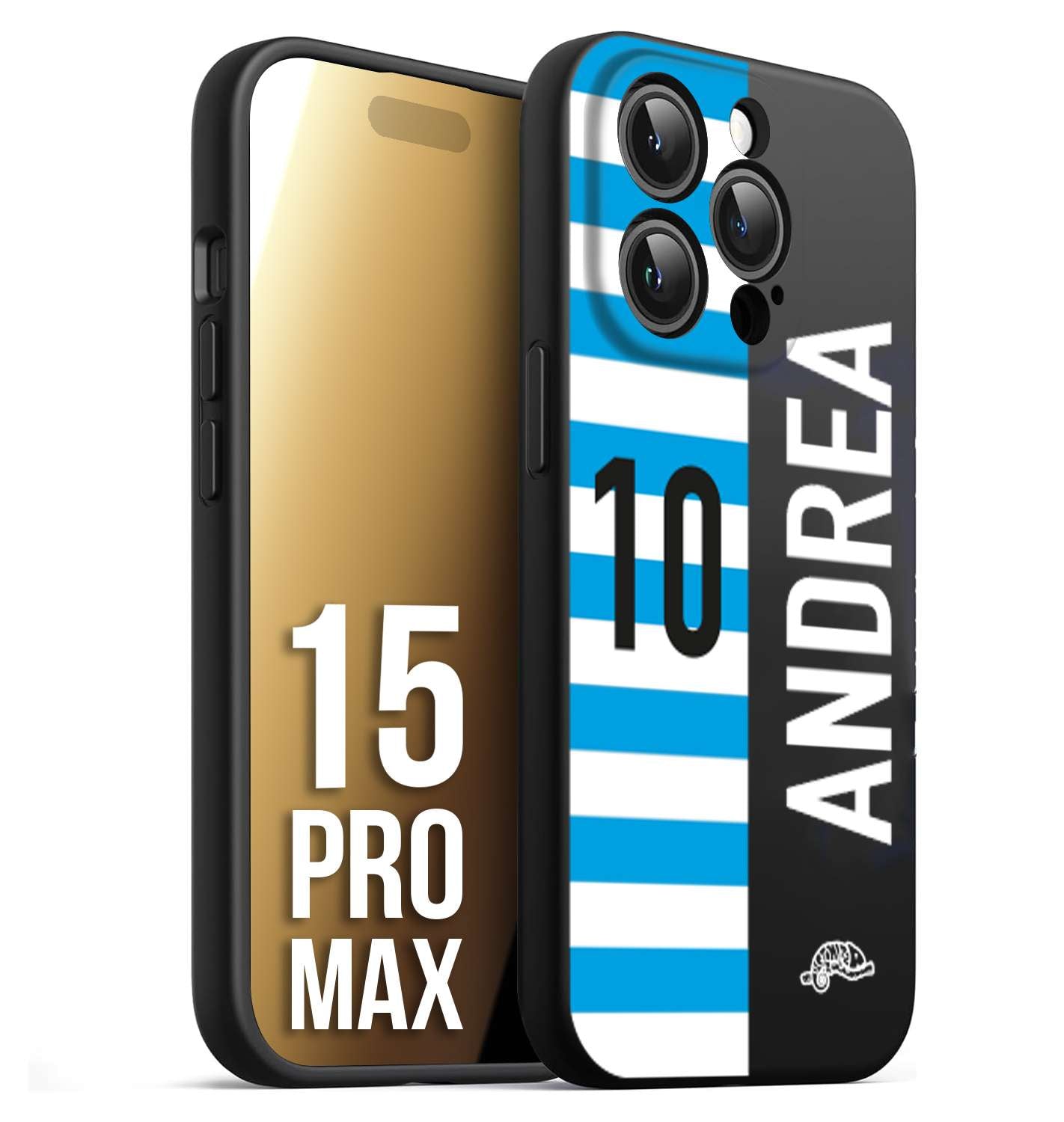 CUSTOMIZZA - Custodia cover nera morbida in tpu compatibile per iPhone 15 PRO MAX personalizzata calcio football nome e numero calciatori biancazzurri