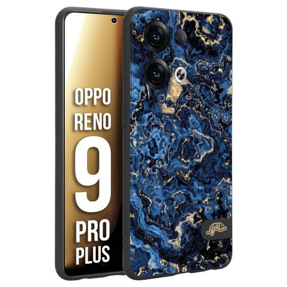 CUSTOMIZZA - Custodia cover nera morbida in tpu compatibile per Oppo Reno 9 PRO PLUS effetto marmo marble blu venature dorato psichedelico