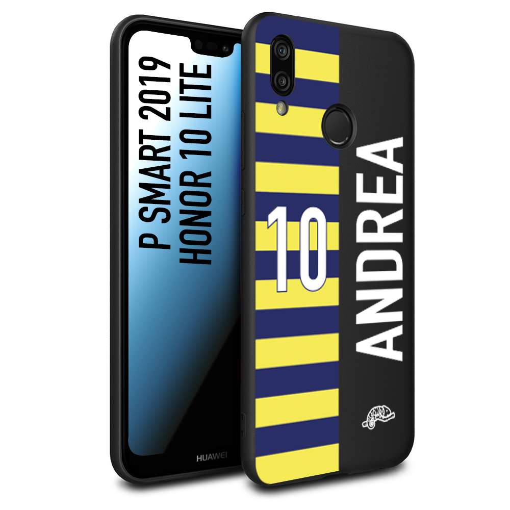 CUSTOMIZZA - Custodia cover nera morbida in tpu compatibile per Huawei P SMART 2019 personalizzata calcio football nome e numero calciatori giallo blu