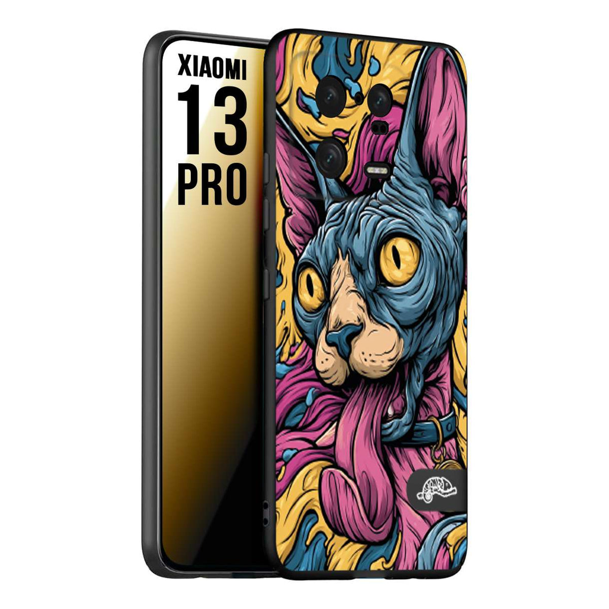CUSTOMIZZA - Custodia cover nera morbida in tpu compatibile per Xiaomi 13 PRO Sphynx Colorato Pop Art Psichedelico Gatto Blu Rosa Giallo Artistica Fantasy