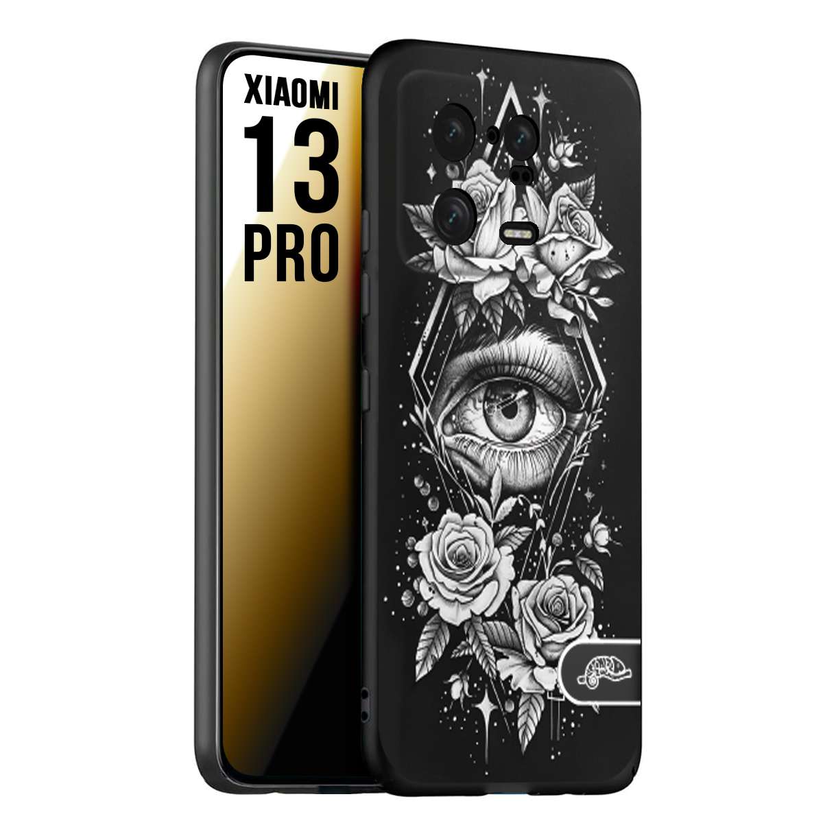 CUSTOMIZZA - Custodia cover nera morbida in tpu compatibile per Xiaomi 13 PRO occhio fiori rombo geometrico black and white bianco a rilievo disegnato tattoo tatuaggio