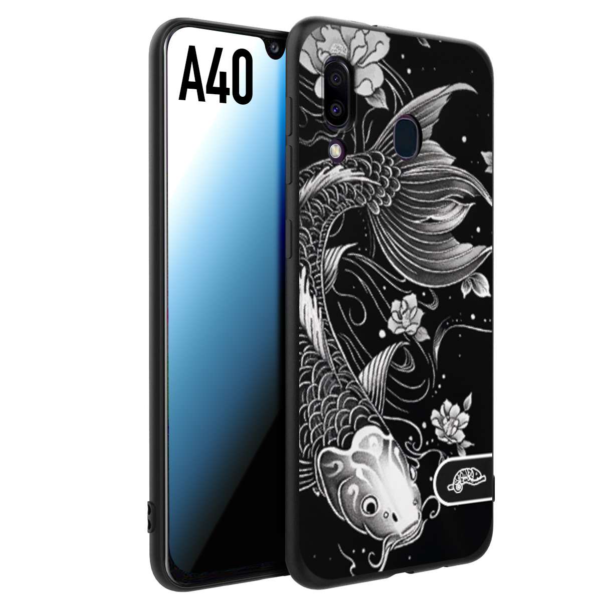 CUSTOMIZZA - Custodia cover nera morbida in tpu compatibile per Samsung A40 carpa koi black and white bianco a rilievo disegnato tattoo tatuaggio