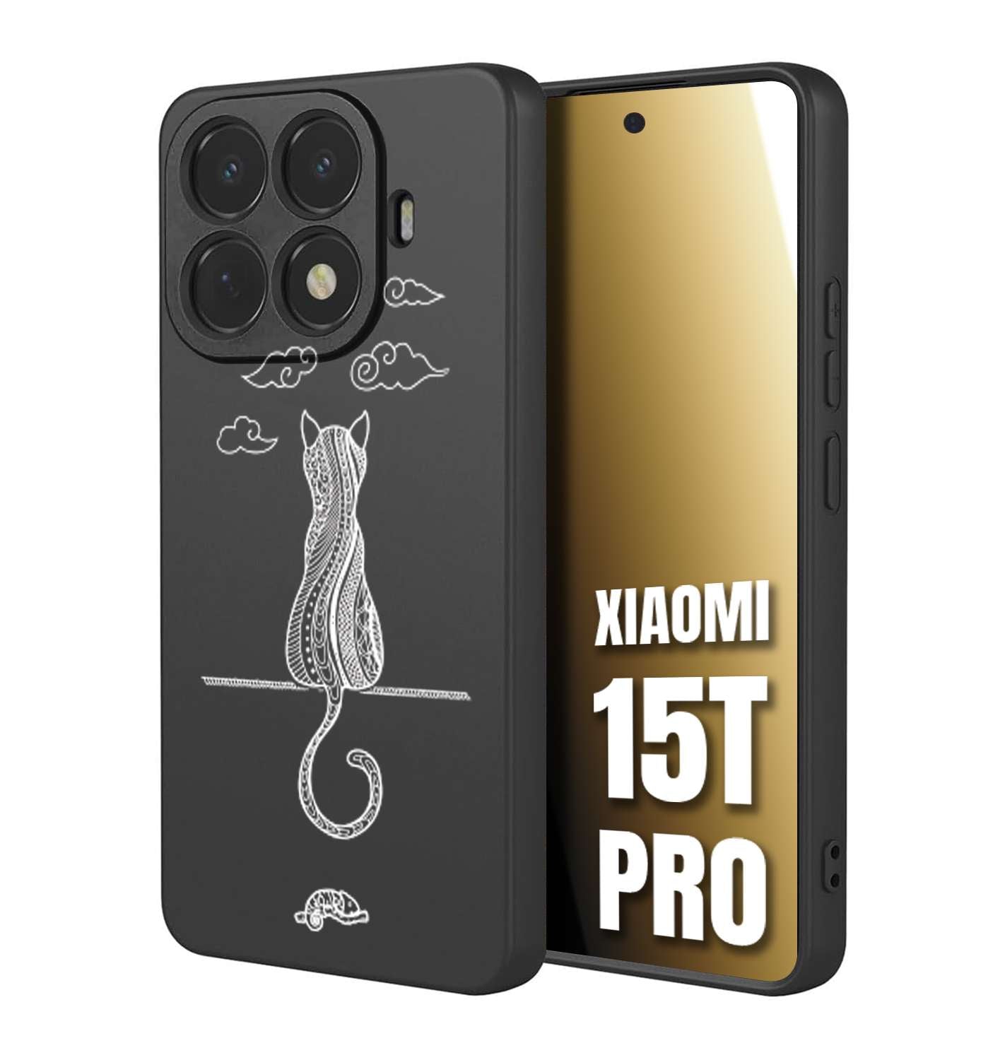 CUSTOMIZZA - Custodia cover nera morbida in tpu compatibile per Xiaomi 15T PRO gatto mandala stilizzato gattino a rilievo soft touch donna bianca