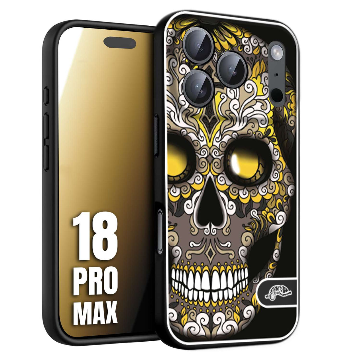 CUSTOMIZZA - Custodia cover nera morbida in tpu compatibile per iPhone 18 PRO MAX teschio messicano Mexican skull nero giallo