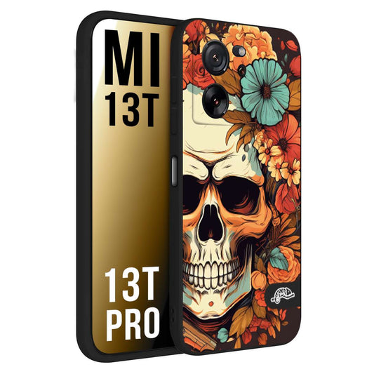 CUSTOMIZZA - Custodia cover nera morbida in tpu compatibile per Xiaomi 13T - 13T PRO teschio skull flowers fiori autunnali arancio celeste tattoo