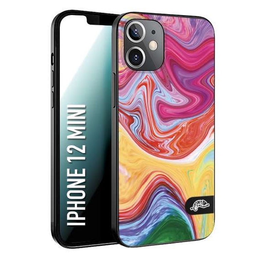 CUSTOMIZZA - Custodia cover nera morbida in tpu compatibile per iPhone 12 MINI colorata fantasia vortice marmo onde verde fucsia gialla