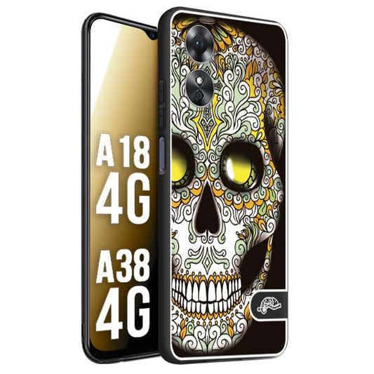 CUSTOMIZZA - Custodia cover nera morbida in tpu compatibile per Oppo A18 4G - A38 4G teschio messicano Mexican skull bianco verde giallo