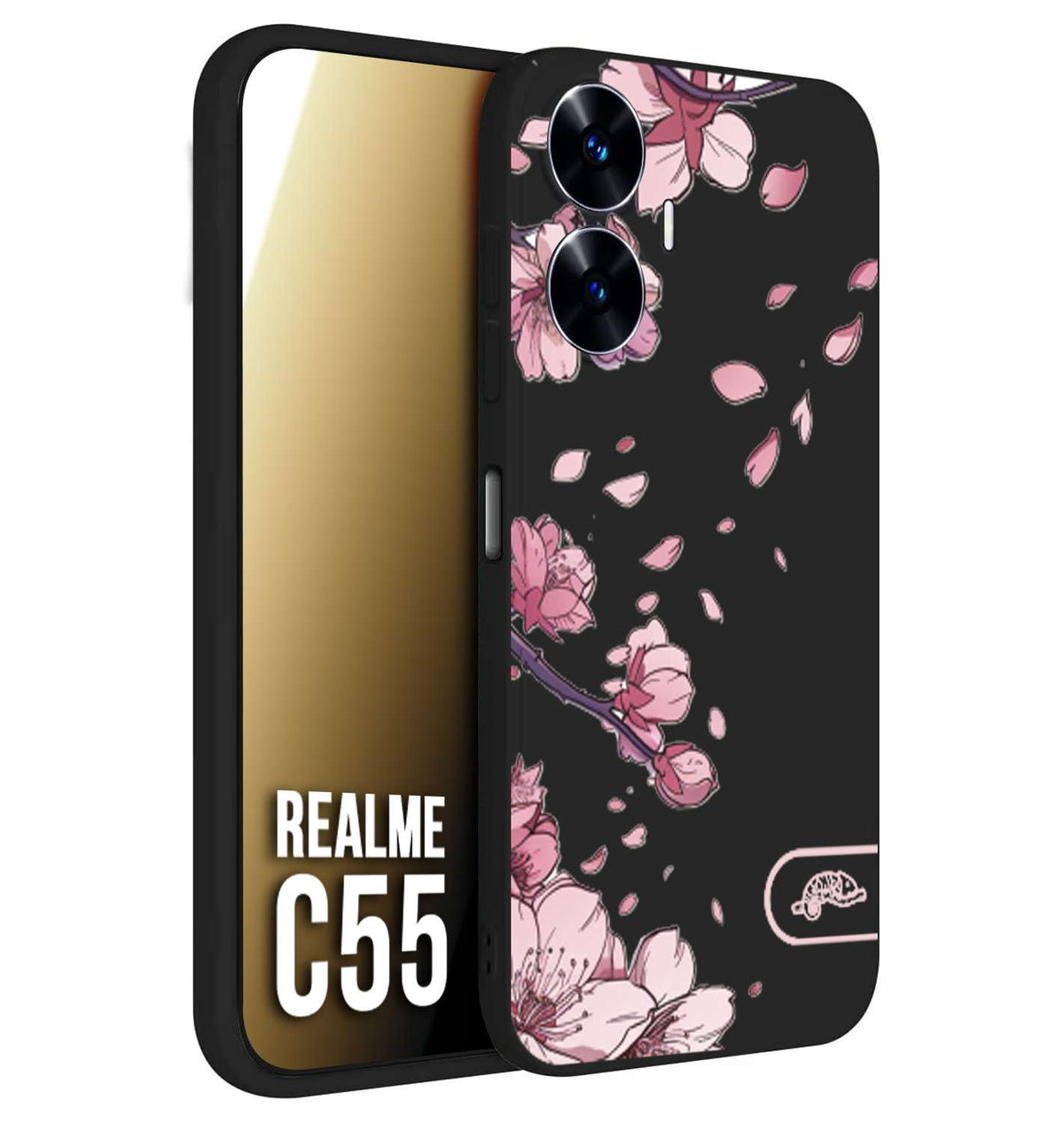 CUSTOMIZZA - Custodia cover nera morbida in tpu compatibile per Realme C55 giapponese fiori di ciliegio in fiore a rilievo disegnata tattoo