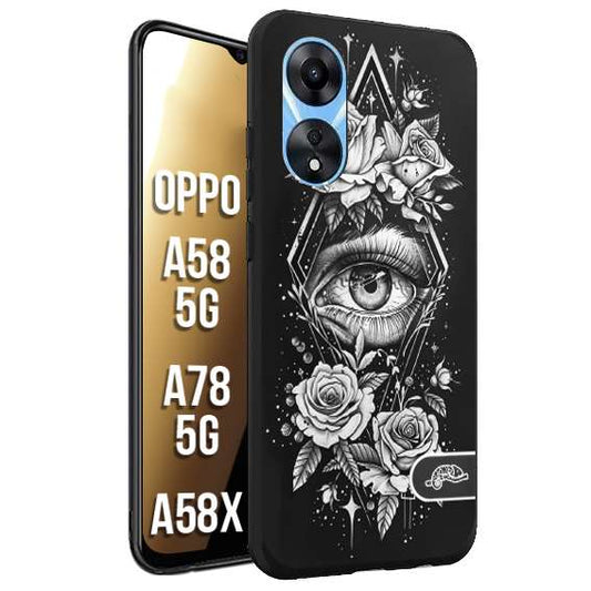 CUSTOMIZZA - Custodia cover nera morbida in tpu compatibile per Oppo A58 5G - A78 5G - A58X occhio fiori rombo geometrico black and white bianco a rilievo disegnato tattoo tatuaggio