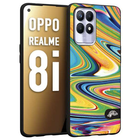 CUSTOMIZZA - Custodia cover nera morbida in tpu compatibile per Realme 8i colorata fantasia vortice marmo arcobaleno gialla verde blu
