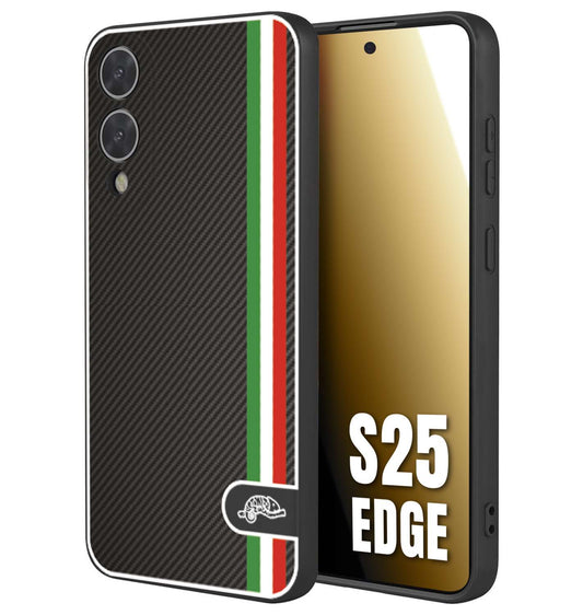 CUSTOMIZZA - Custodia cover nera morbida in tpu compatibile per Samsung S25 EDGE effetto fibra di carbonio bandiera Italia made in Italy