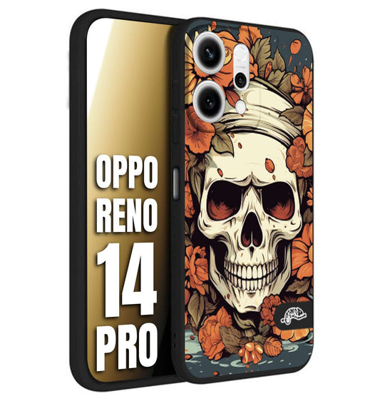 CUSTOMIZZA - Custodia cover nera morbida in tpu compatibile per Oppo Reno 14 PRO teschio skull flowers fiori tattoo disegnato alta definizione