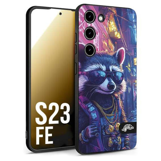 CUSTOMIZZA - Custodia cover nera morbida in tpu compatibile per Samsung S23 FE animali simpatici cyberpunk procione racoon street cat fucsia blu giallo
