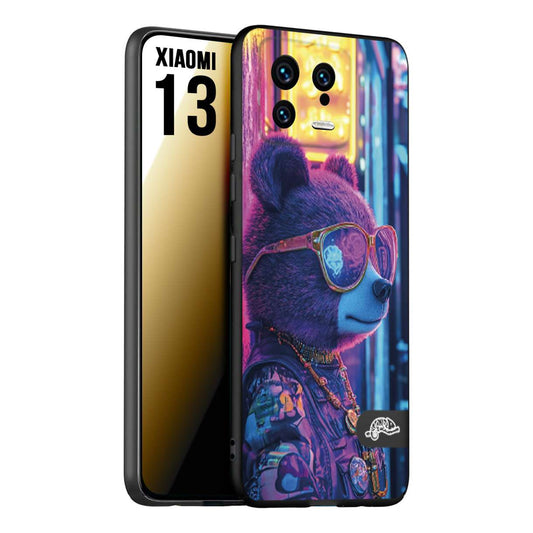 CUSTOMIZZA - Custodia cover nera morbida in tpu compatibile per Xiaomi 13 animali cyberpunk orsetto orso street bear fucsia blu night