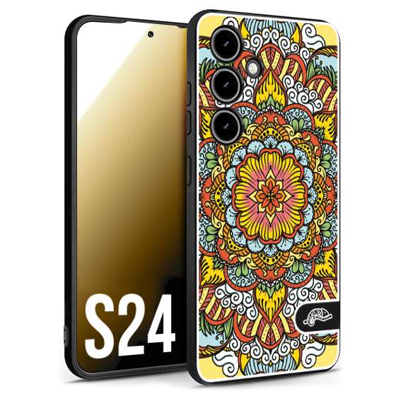 CUSTOMIZZA - Custodia cover nera morbida in tpu compatibile per Samsung S24 mandala colorato fiore nuvole arancione