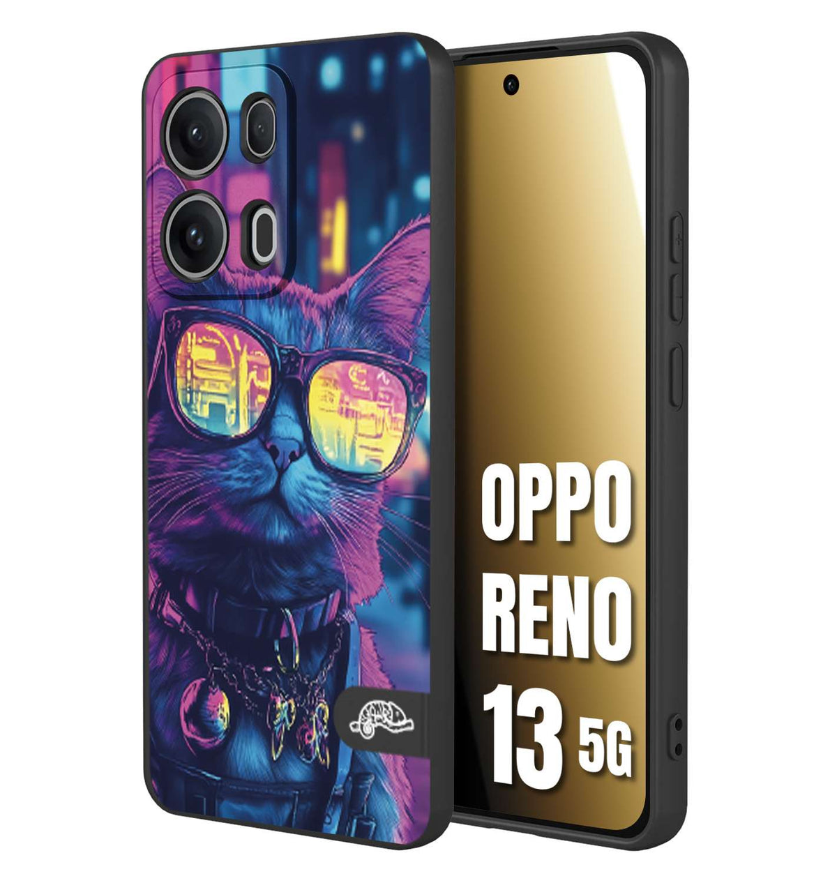 CUSTOMIZZA - Custodia cover nera morbida in tpu compatibile per Oppo Reno 13 5G animali cyberpunk gatto street cat fucsia blu giallo