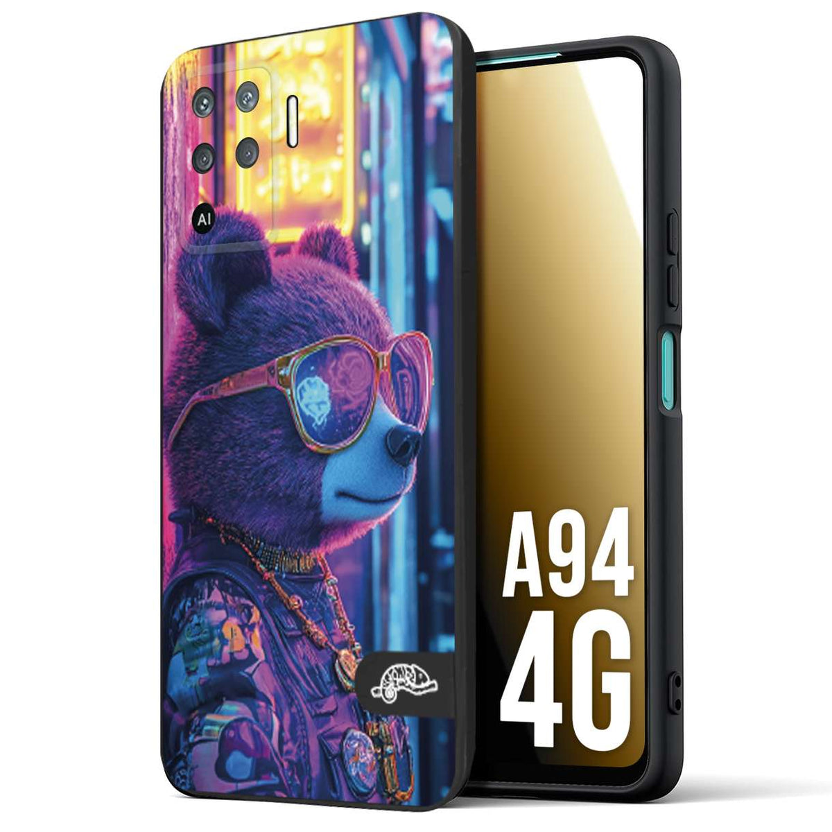 CUSTOMIZZA - Custodia cover nera morbida in tpu compatibile per Oppo A94 4G animali cyberpunk orsetto orso street bear fucsia blu night