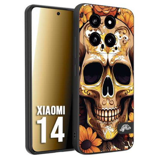 CUSTOMIZZA - Custodia cover nera morbida in tpu compatibile per Xiaomi 14 teschio messicano colorato dorato fiori tattoo disegnato