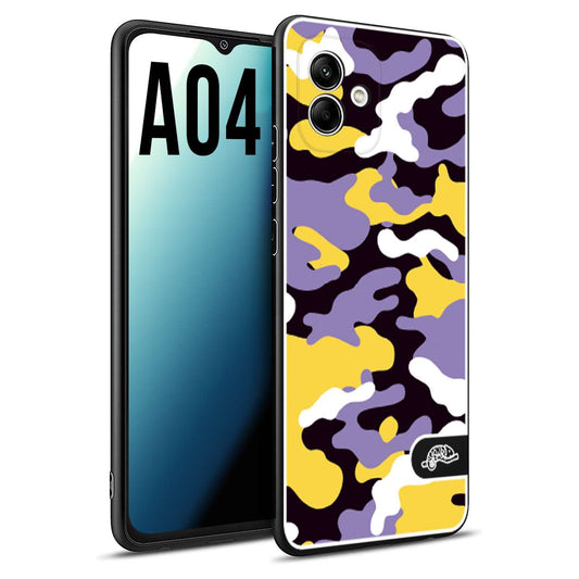CUSTOMIZZA - Custodia cover nera morbida in tpu compatibile per Samsung A04 camouflage mimetico militare viola lilla giallo