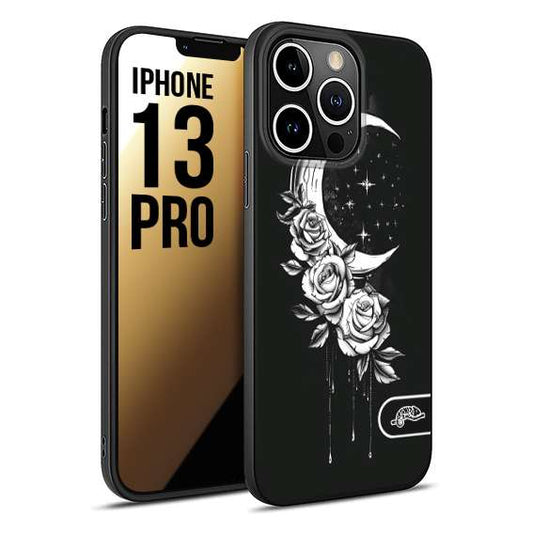 CUSTOMIZZA - Custodia cover nera morbida in tpu compatibile per iPhone 13 PRO luna e fiori moon flowers black and white bianco a rilievo disegnato tattoo tatuaggio