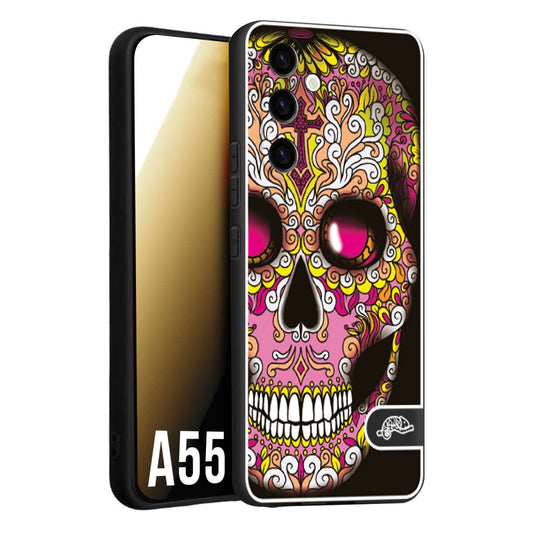 CUSTOMIZZA - Custodia cover nera morbida in tpu compatibile per Samsung A55 5G teschio messicano Mexican skull rosa gialla