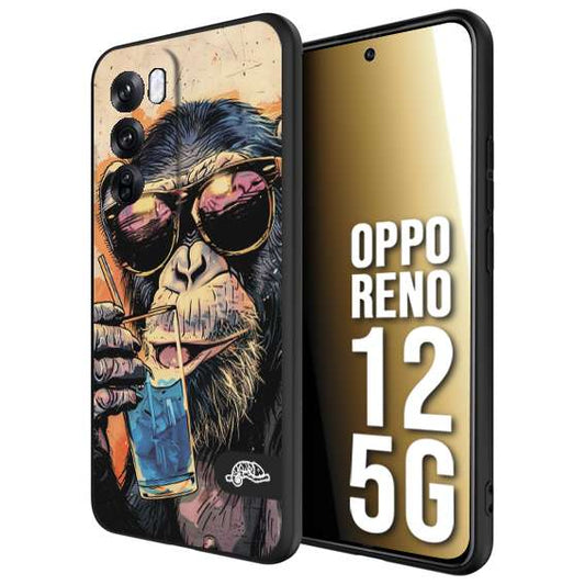 CUSTOMIZZA - Custodia cover nera morbida in tpu compatibile per Oppo Reno 12 5G estate disegnata cocktails animali simpatici scimmia monkey negroni
