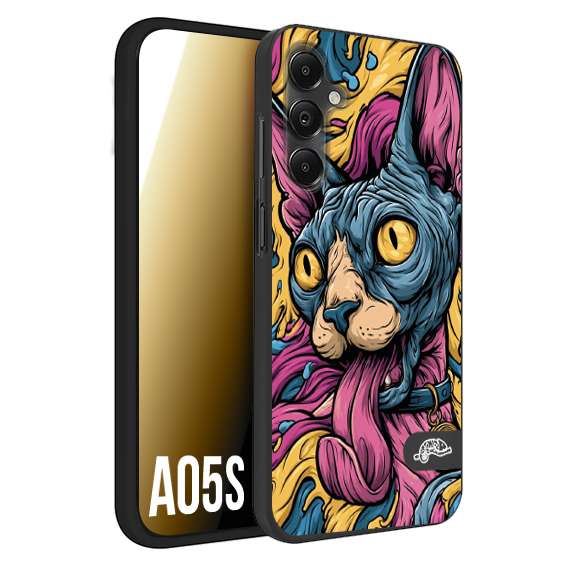 CUSTOMIZZA - Custodia cover nera morbida in tpu compatibile per Samsung A05S Sphynx Colorato Pop Art Psichedelico Gatto Blu Rosa Giallo Artistica Fantasy