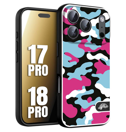CUSTOMIZZA - Custodia cover nera morbida in tpu compatibile per iPhone 17 PRO - 18 PRO camouflage mimetico militare fucsia celeste