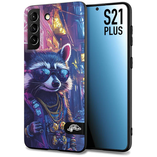 CUSTOMIZZA - Custodia cover nera morbida in tpu compatibile per Samsung S21 PLUS animali simpatici cyberpunk procione racoon street cat fucsia blu giallo