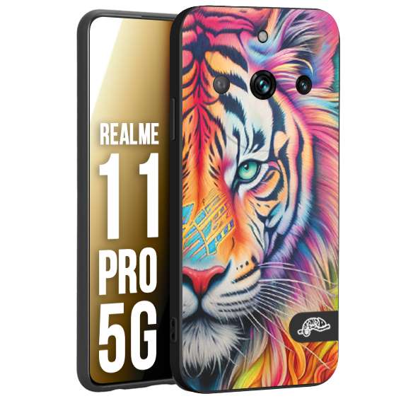 CUSTOMIZZA - Custodia cover nera morbida in tpu compatibile per Oppo Realme 11 PRO 5G animali color tigre tiger viso colori vibranti disegnato schizzo