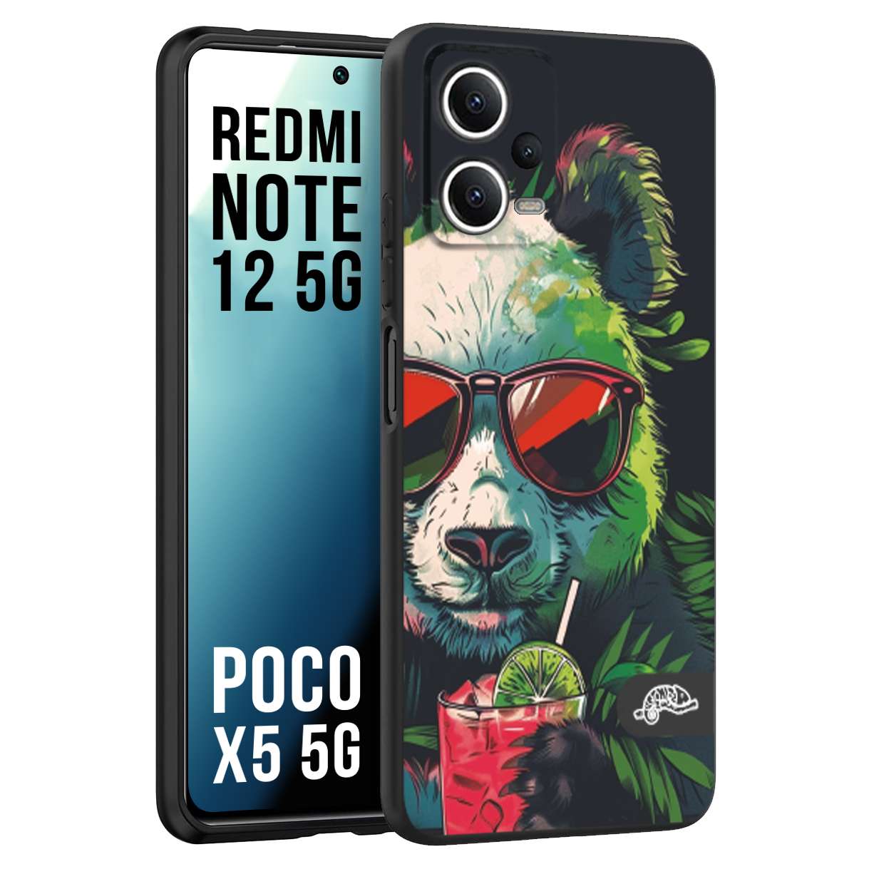 CUSTOMIZZA - Custodia cover nera morbida in tpu compatibile per Xiaomi Redmi Note 12 - POCO X5 5G estate disegnata cocktails animali simpatici panda mojito