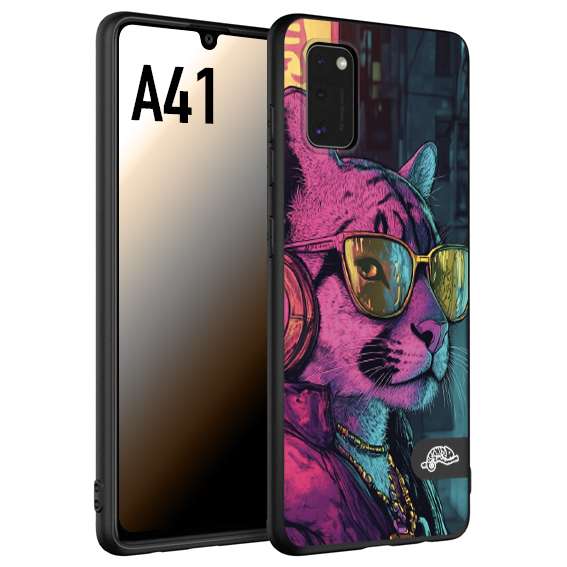 CUSTOMIZZA - Custodia cover nera morbida in tpu compatibile per Samsung A41 animali cyberpunk pantera street cat fucsia blu giallo