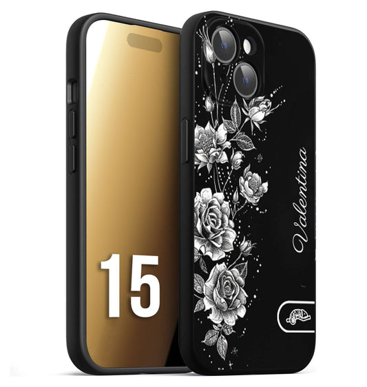 CUSTOMIZZA - Custodia cover nera morbida in tpu compatibile per iPhone 15 a rilievo soft touch personalizzata nome rose fiori donna