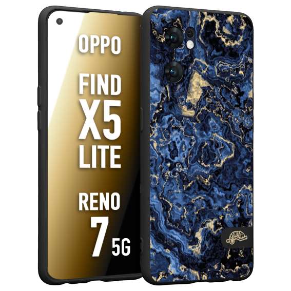 CUSTOMIZZA - Custodia cover nera morbida in tpu compatibile per Oppo Reno 7 - Find X5 LITE effetto marmo marble blu venature dorato psichedelico