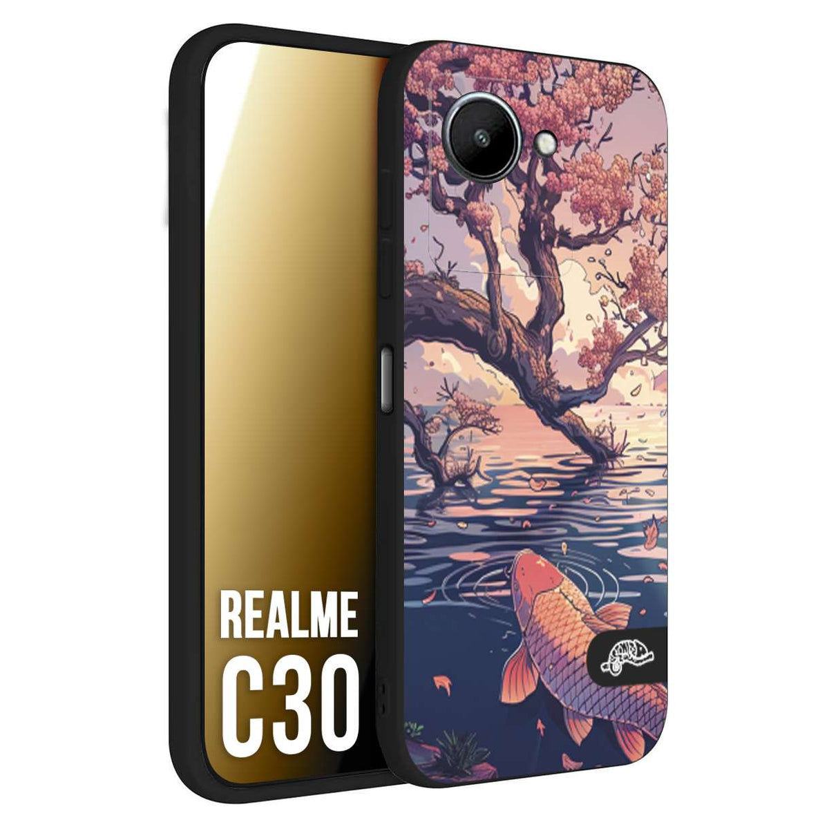 CUSTOMIZZA - Custodia cover nera morbida in tpu compatibile per Realme C30 giapponese lago carpa koi rosa con foglie d'acero disegnata tattoo