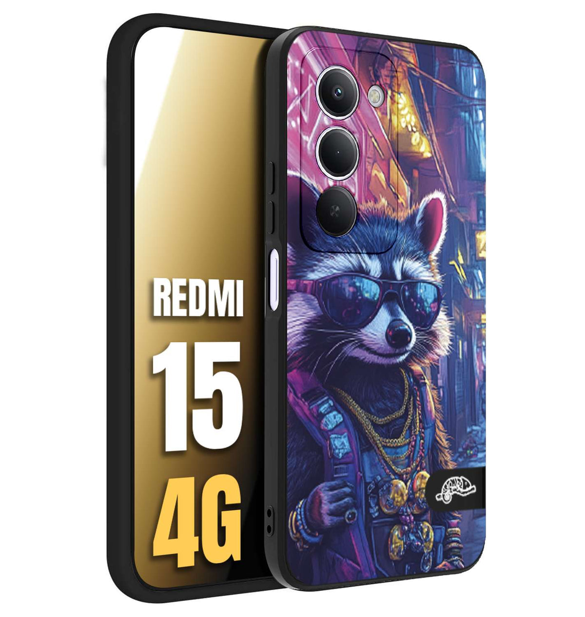 CUSTOMIZZA - Custodia cover nera morbida in tpu compatibile per Xiaomi Redmi 15 4G animali simpatici cyberpunk procione racoon street cat fucsia blu giallo