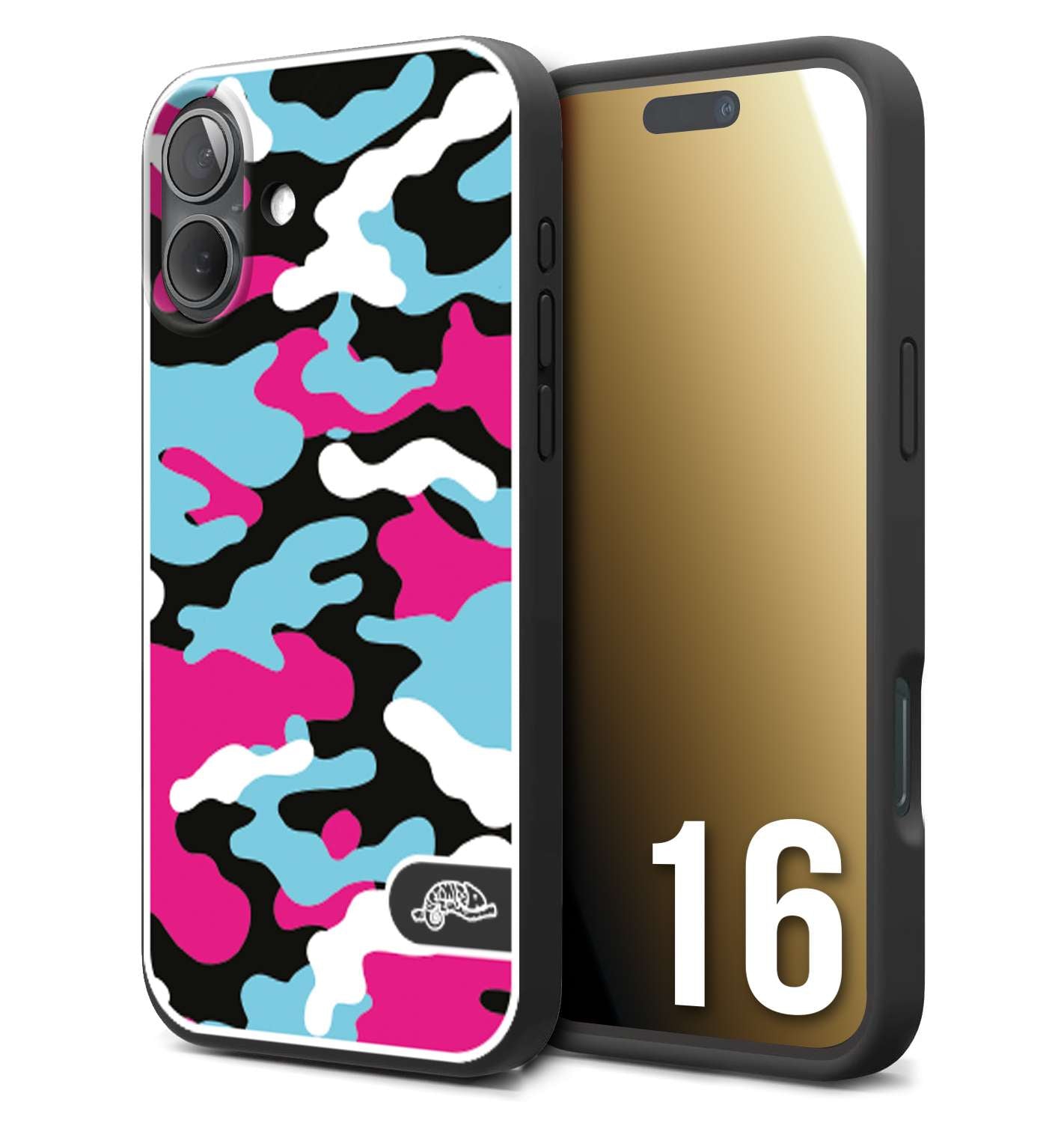 CUSTOMIZZA - Custodia cover nera morbida in tpu compatibile per iPhone 16 camouflage mimetico militare fucsia celeste